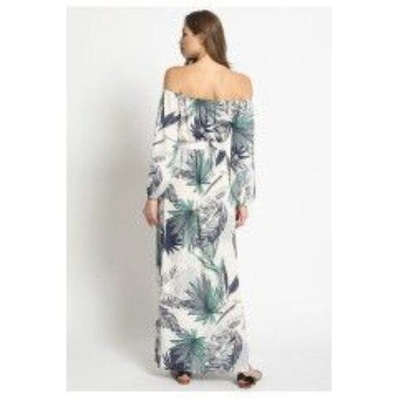 Boho Tropical Palm Print Off Shoulder Tie Maxi Dress 3/4 Sleeve S White Green - Picture 10 of 12